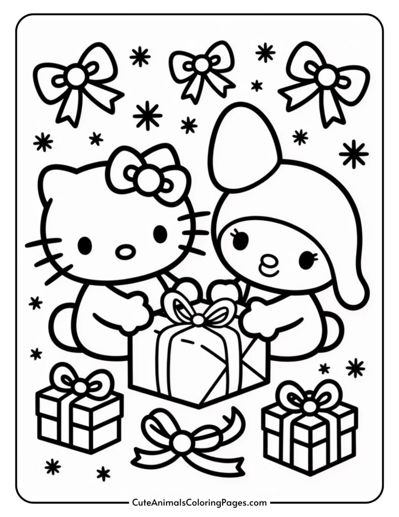 A black and white color page featuring two cartoon characters with big eyes and bows on their heads, sitting next to a large gift box wrapped in ribbon. Smaller gift boxes and bows surround them, with star shapes scattered in the background.