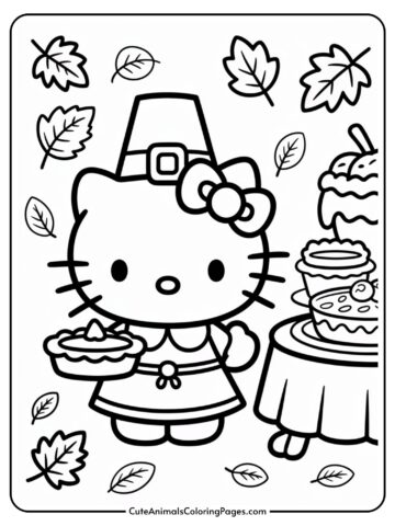 A coloring page featuring a cartoon cat character dressed in a pilgrim outfit, holding a small pie, surrounded by autumn leaves, and standing next to a table with pies and a tall dessert.