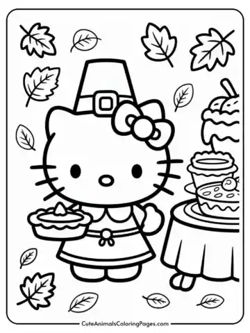 A coloring page featuring a cartoon cat character dressed in a pilgrim outfit, holding a small pie, surrounded by autumn leaves, and standing next to a table with pies and a tall dessert.