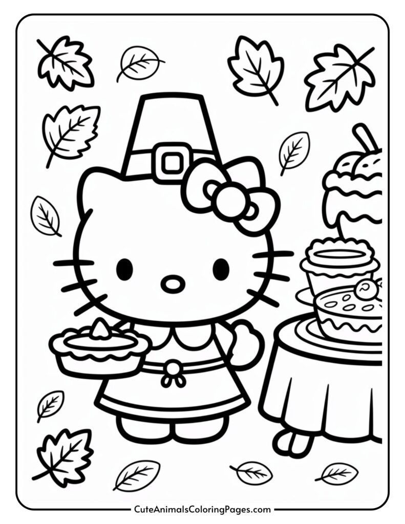 A colorful page contains a small piece of cat that is covered in a plane's clothing is surrounded by leaves with a table with pies and long dessert.