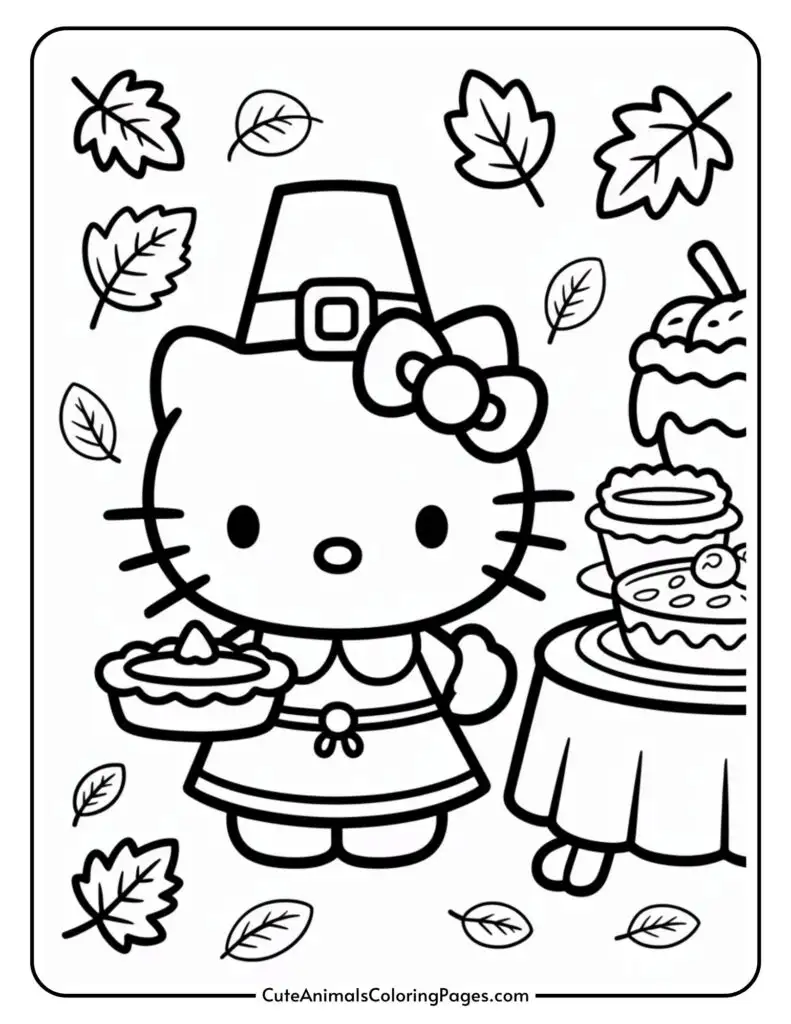 A colorful page contains a small piece of cat that is covered in a plane's clothing is surrounded by leaves with a table with pies and long dessert.