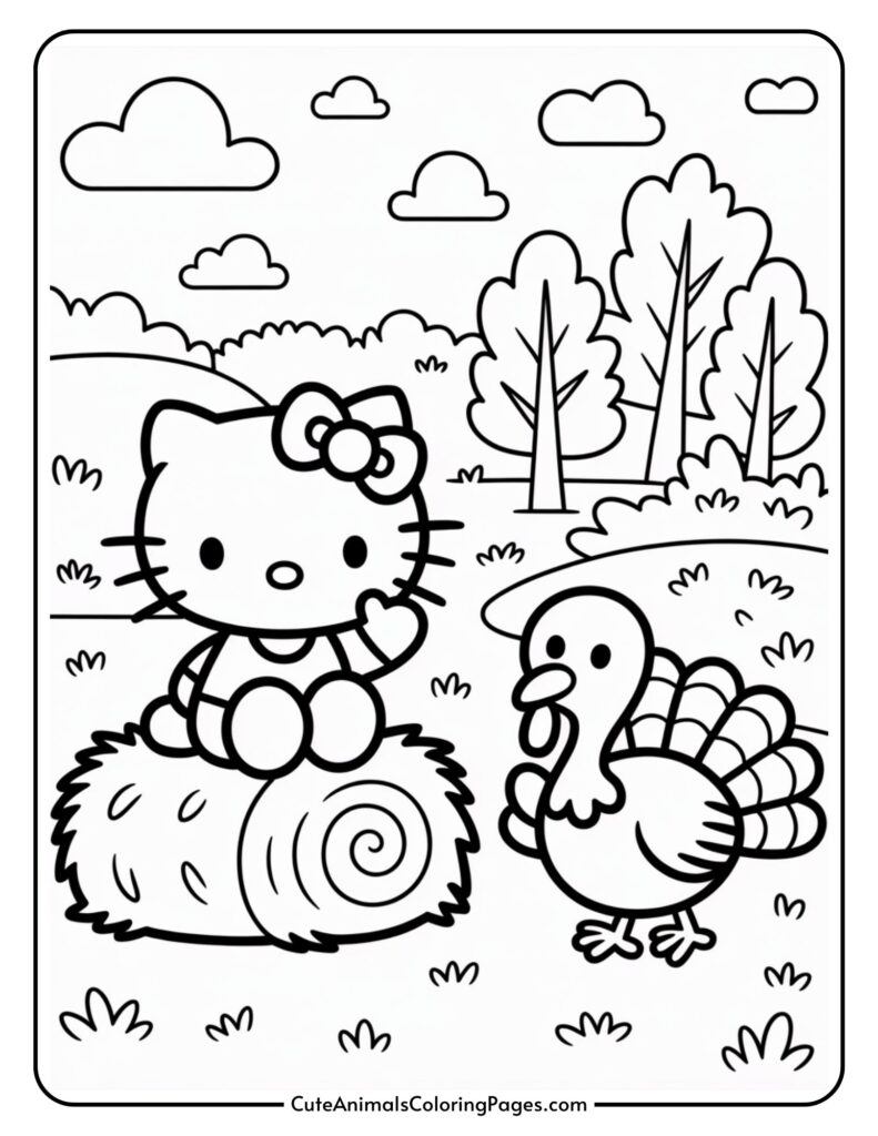 A cartoon character with a smell on one ear on a turkey side in a thin area, with trees and clouds in the background.