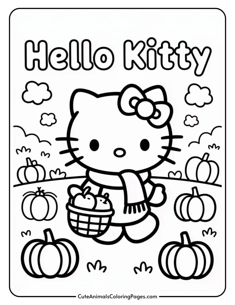 Coloring a colorful page containing a Karton's cartoon and throat character, the basket surrounded by Pumpkins, with the text
