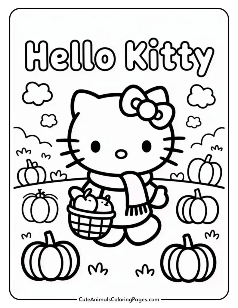 A coloring page featuring a cartoon cat character wearing a bow and scarf, holding a basket of apples, surrounded by pumpkins, with the text "Hello Kitty" at the top.
