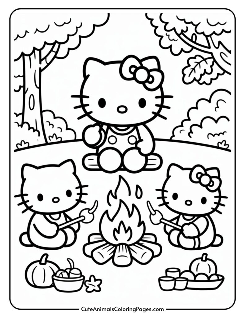 Three carton's cat characters around a campaign in a forest, cooking cooking, with food items like pumpkins and cups near.