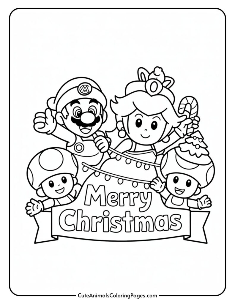 Black and white illustration of cartoon characters holding 'Merry Christmas' banner surrounded by festive decorations.