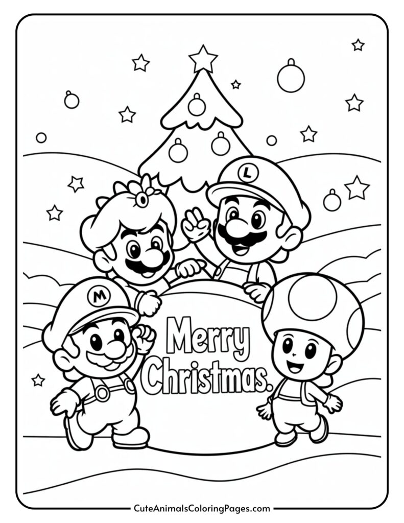 A Christmas themed coloring page featuring four cartoon characters, two with labeled titles 
