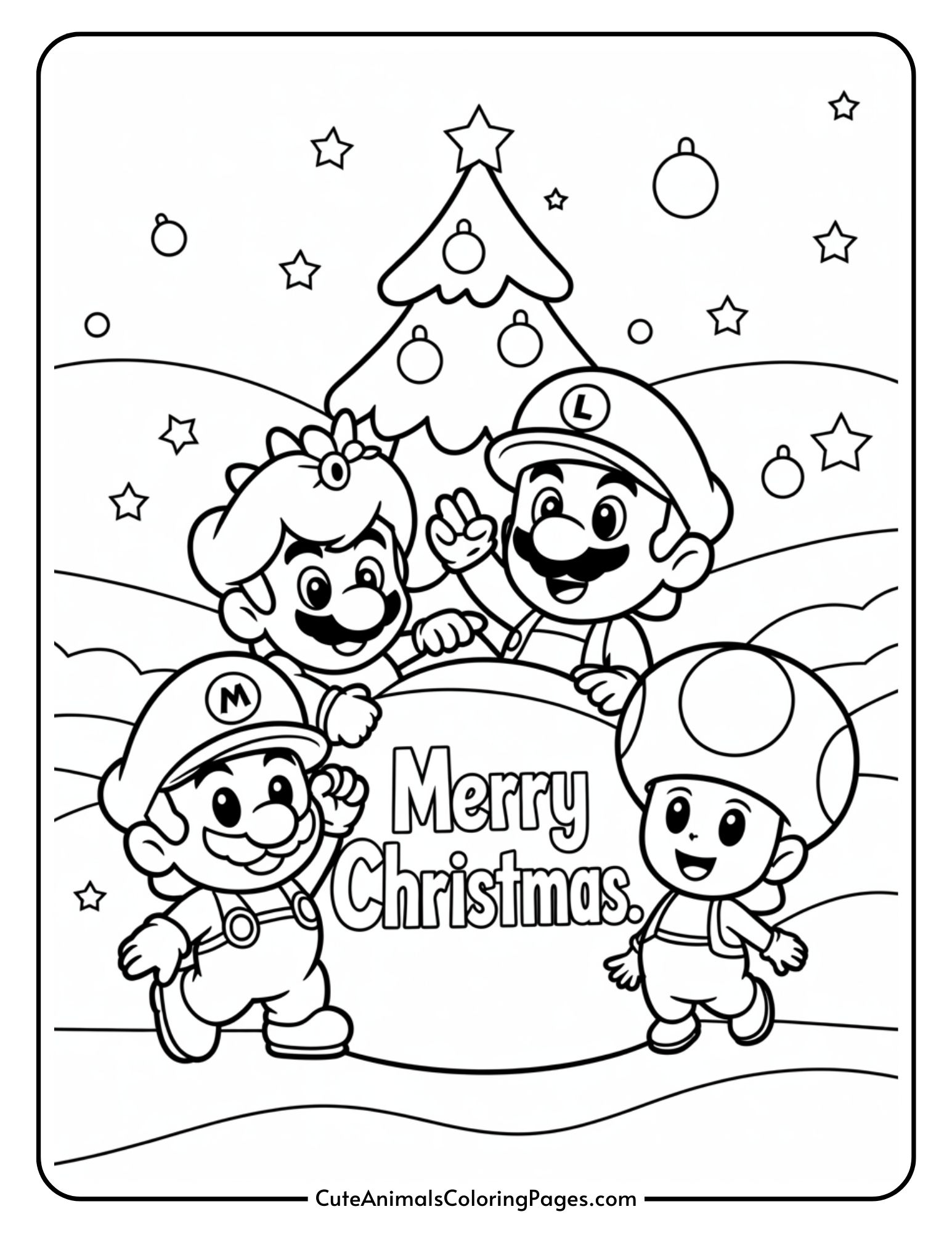 A Christmas themed coloring page featuring four cartoon characters, two with labeled titles 
