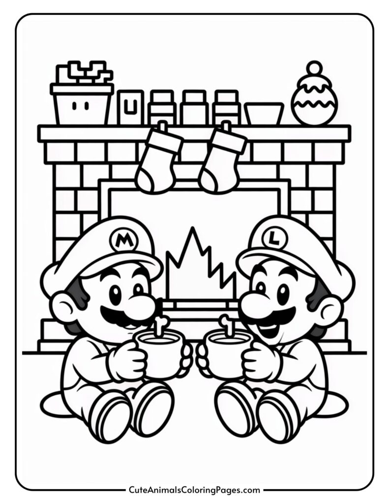 Two cartoon characters 'M' and 'L' sitting cross-legged in front of a fireplace and holding fists. There are hanging stockings in the fireplace and various decorations on the mantel.