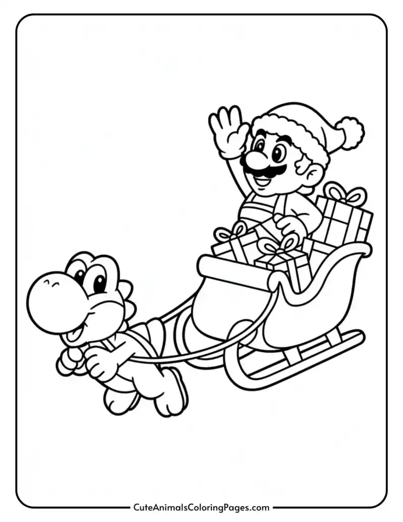 Cartoon character in a Santa hat waves from a sleigh filled with gifts, pulled by a dinosaur-like creature.
