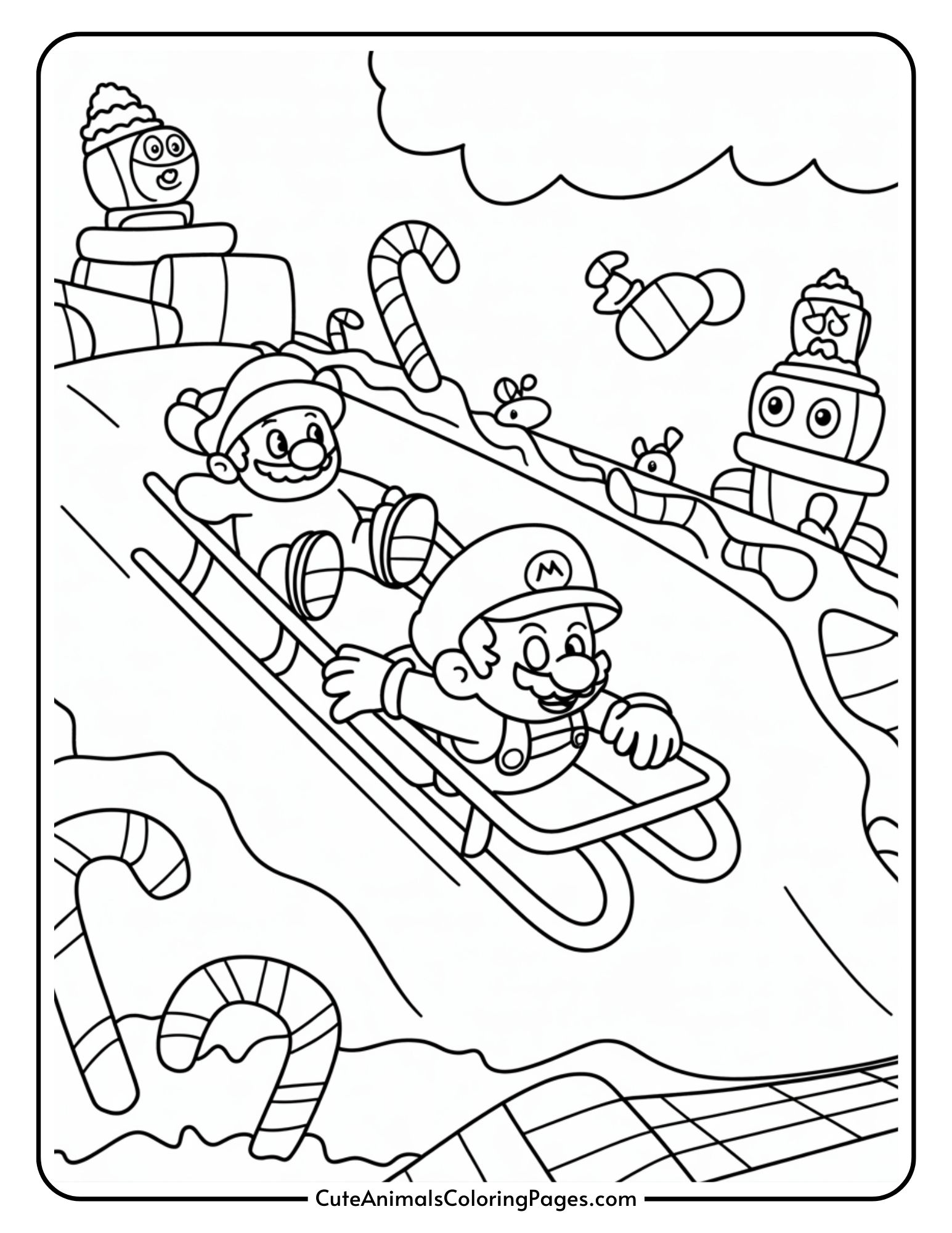 Two cartoon characters slide down a snowy hill surrounded by cute ornaments and cute toys.