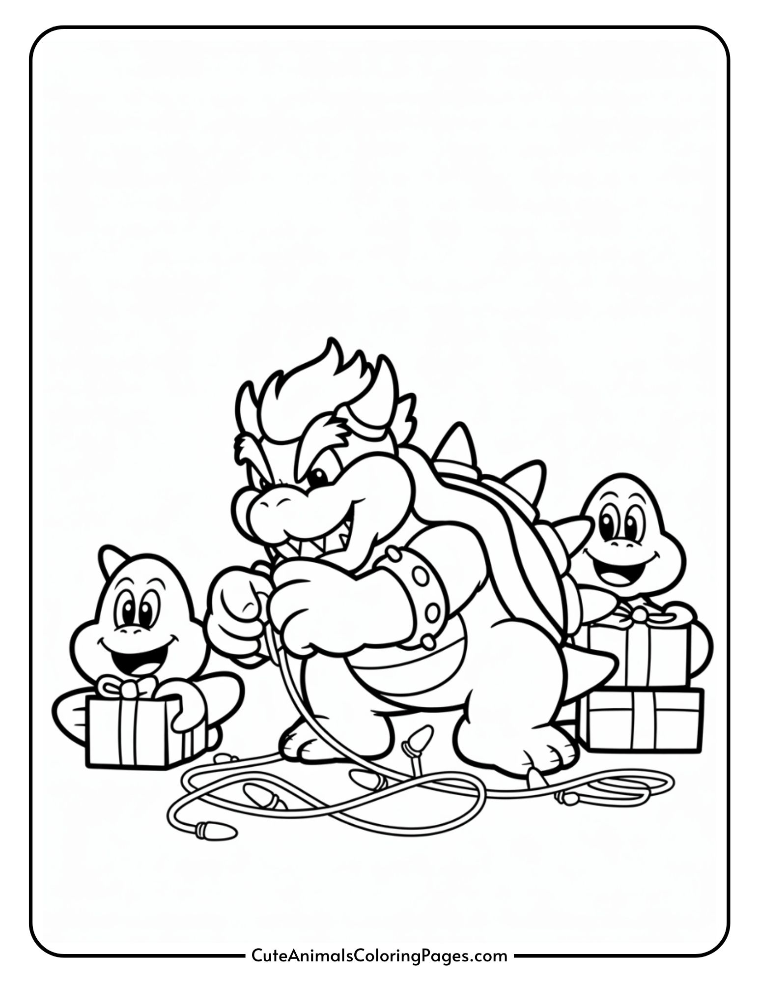 A coloring page featuring a cartoon character with curly hair and a pointed beard, surrounded by Christmas lights, with two small characters holding wrapped presents.