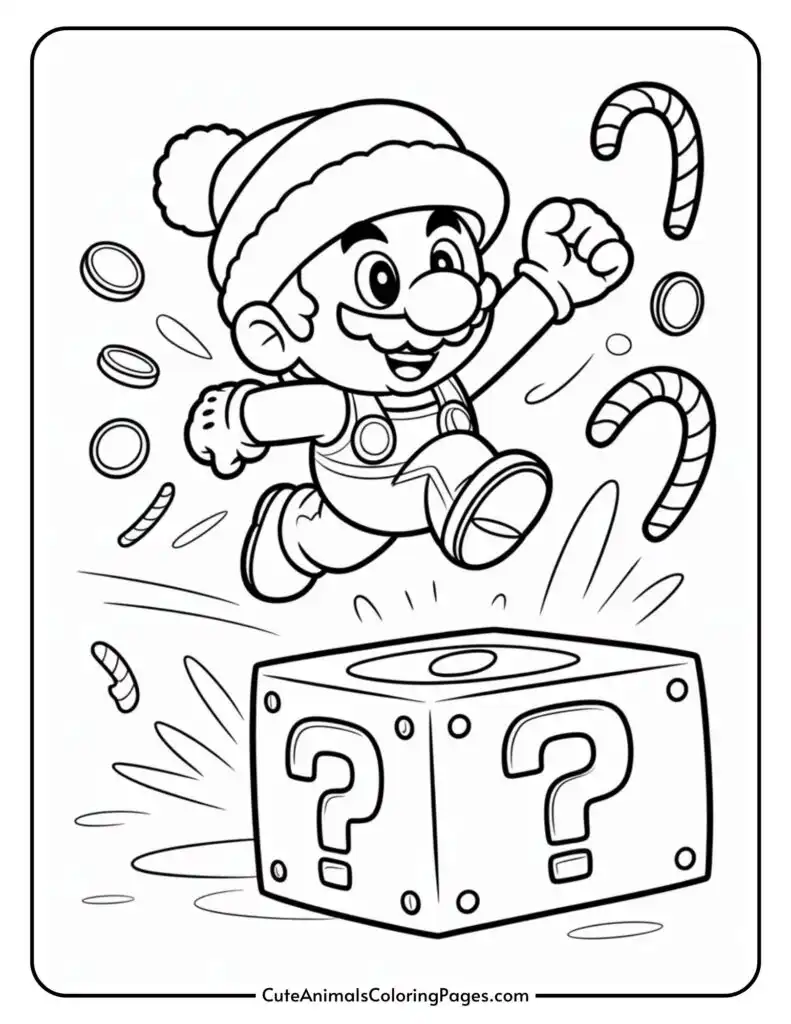 A cartoon character wearing a winter hat and gloves jumps energetically above a question mark block, with candy canes and coins surrounding them.