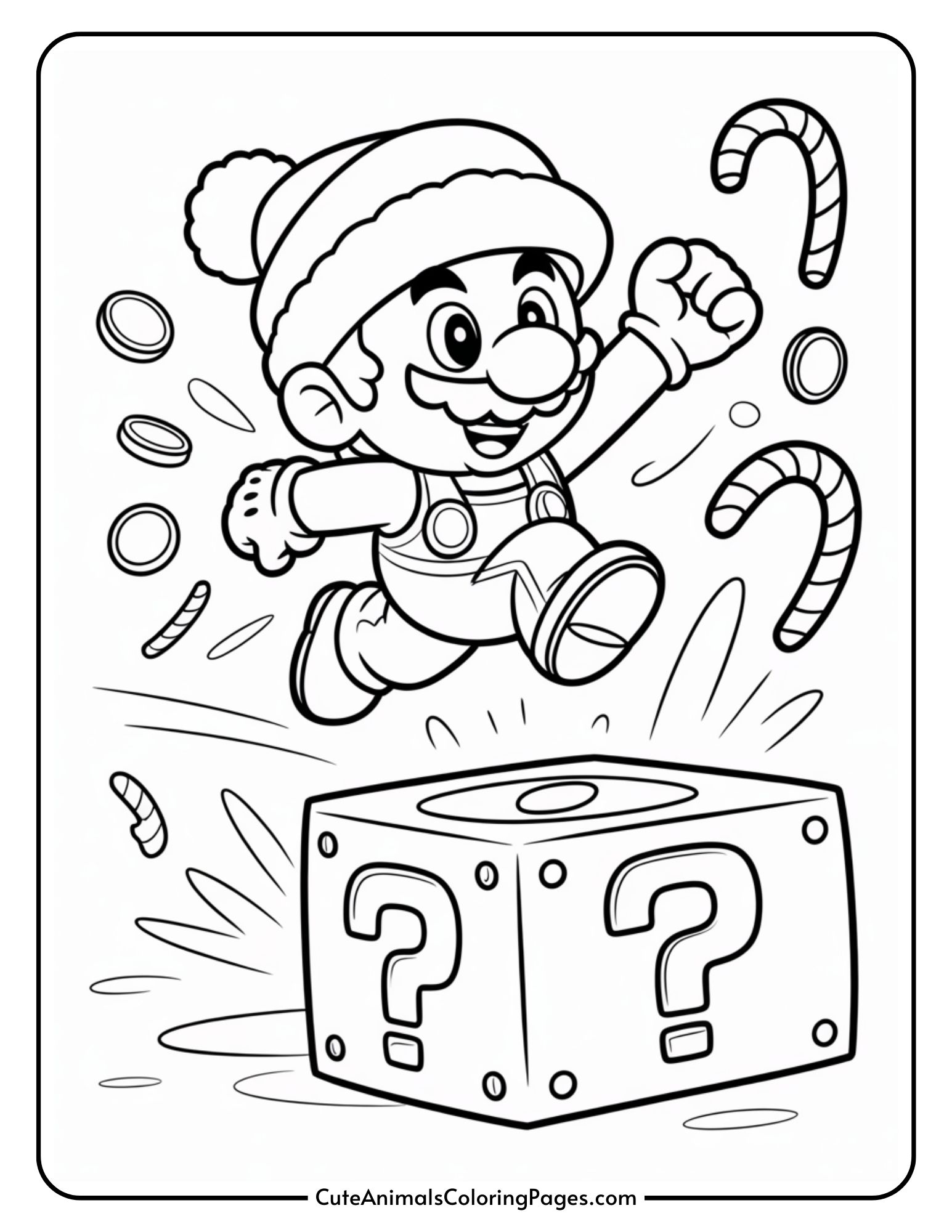 A cartoon character wearing a winter hat and gloves energetically jumps on top of a question mark block, surrounded by coins and coins.