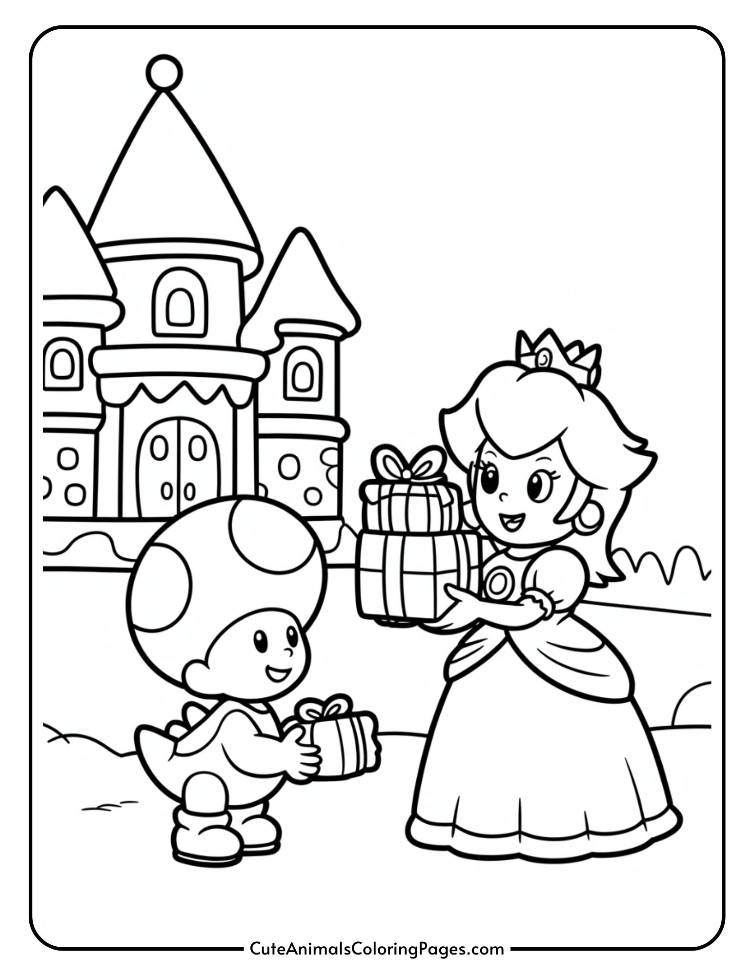 A coloring page showing a cartoon princess giving a gift to a little mushroom character. They are standing in front of a magnificent castle with round towers. Both characters are smiling and holding gifts wrapped in bows.
