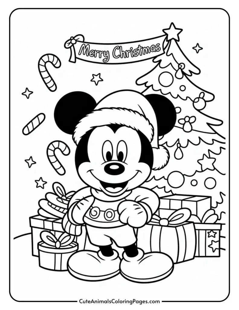 A black and white Christmas coloring page featuring a cartoon mouse character wearing a Santa hat standing in front of a decorated Christmas tree with presents, candy canes, and a banner that reads. 