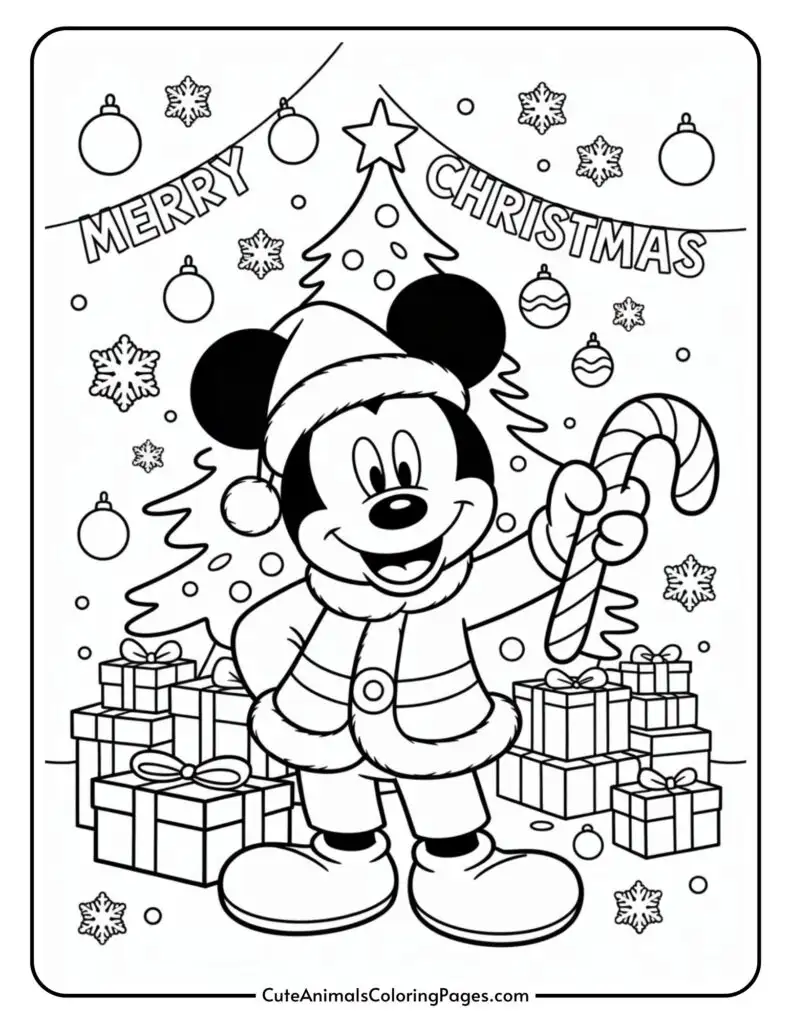 A cartoon mouse wearing a Santa outfit holds a candy cane in front of a decorated Christmas tree with presents underneath. The background features hanging ornaments and snowflakes, with the words 'Merry Christmas' at the top.
