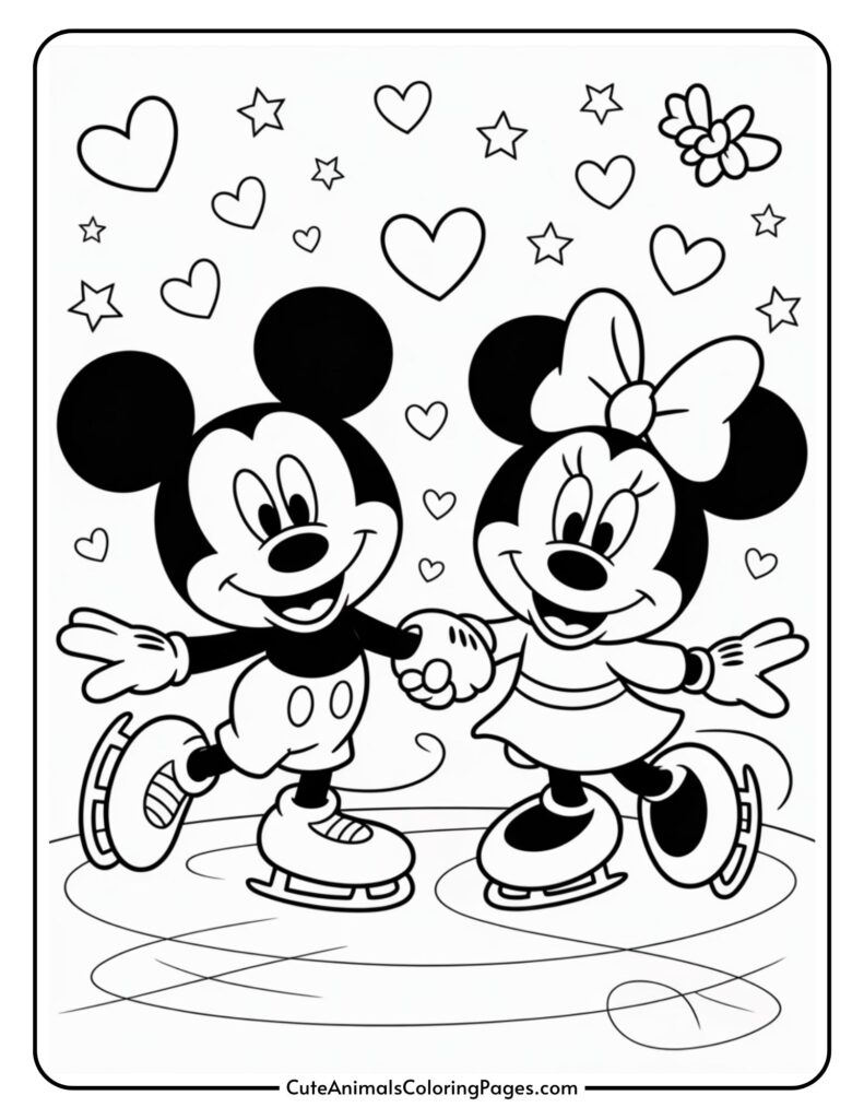 Two cartoon mouse characters are rolling together in the ice, surrounded by hearts and stars, one wearing a bow and shirt, and the other wearing shorts.