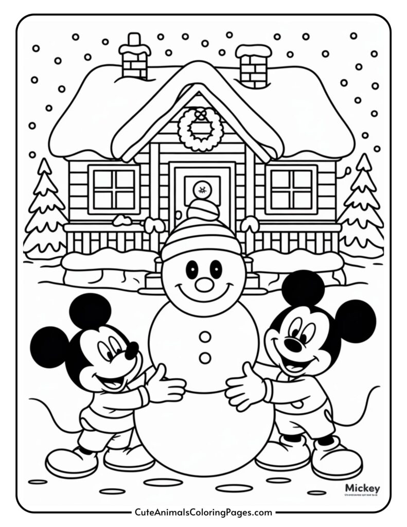 A coloring page in which two cartoon mouse characters build a snowman in front of a snow-covered cabin, surrounded by snow-covered trees and snow-covered trees.