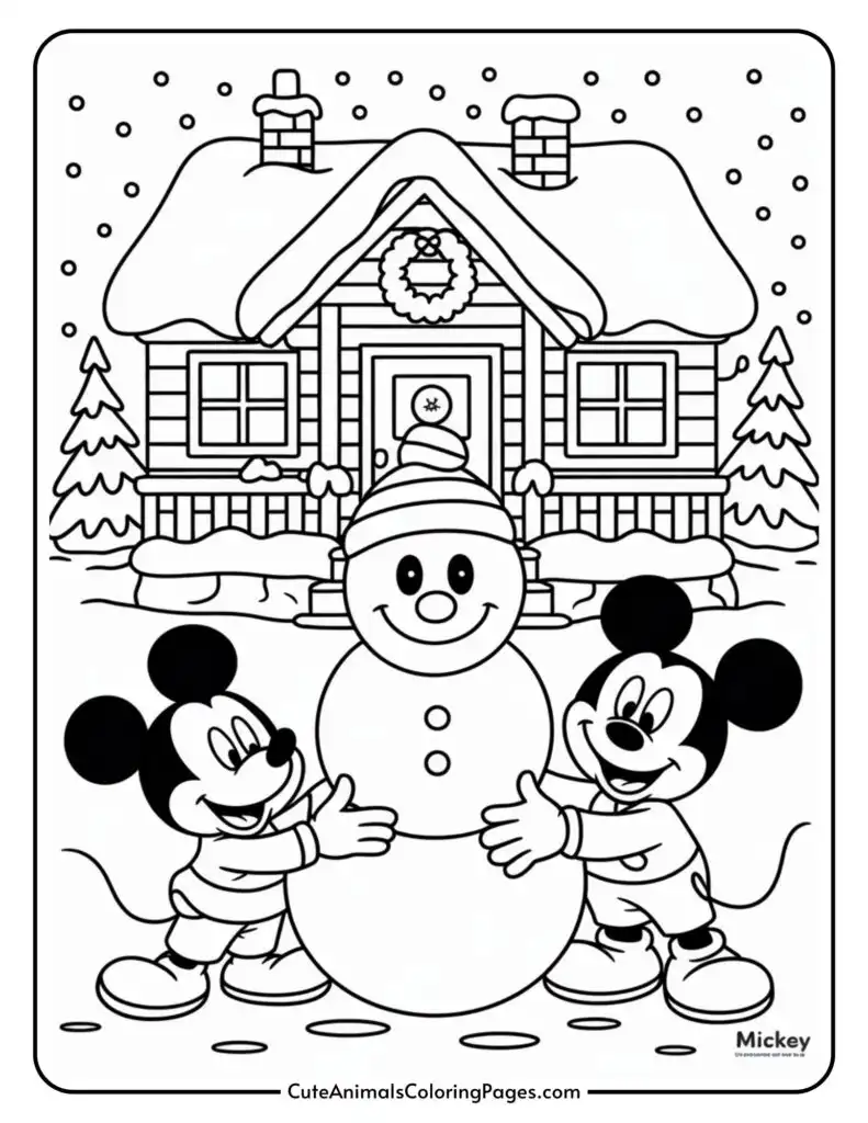 A coloring page featuring two cartoon mice characters building a snowman in front of a log cabin with snow-covered roof, surrounded by snow-covered trees and falling snowflakes.