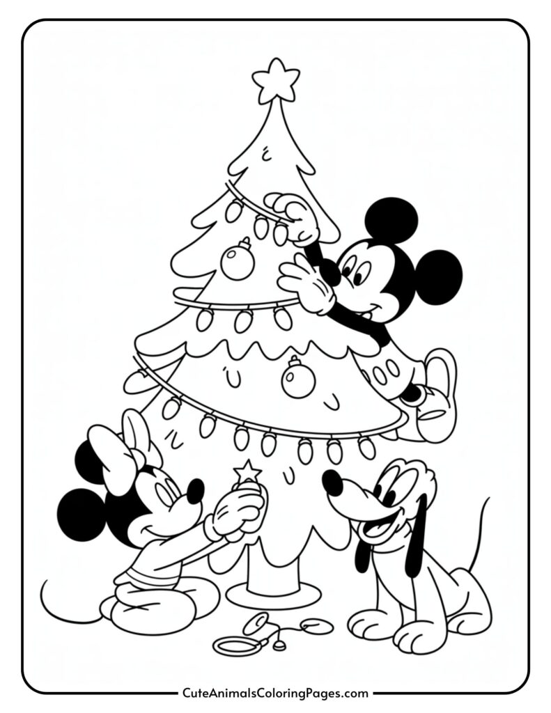 Cartoon characters decorating a Christmas tree with lights and ornaments, including a smiling dog sitting nearby.