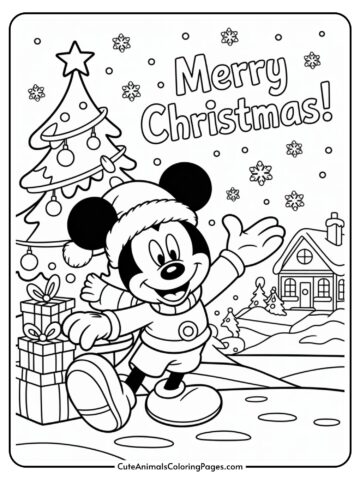 A coloring page featuring a cartoon mouse wearing a Santa hat and waving in a snowy landscape with a decorated Christmas tree and the words 