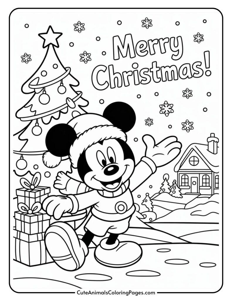 A coloring page featuring a cartoon mouse wearing a Santa hat and waving in a snowy landscape with a decorated Christmas tree and words 