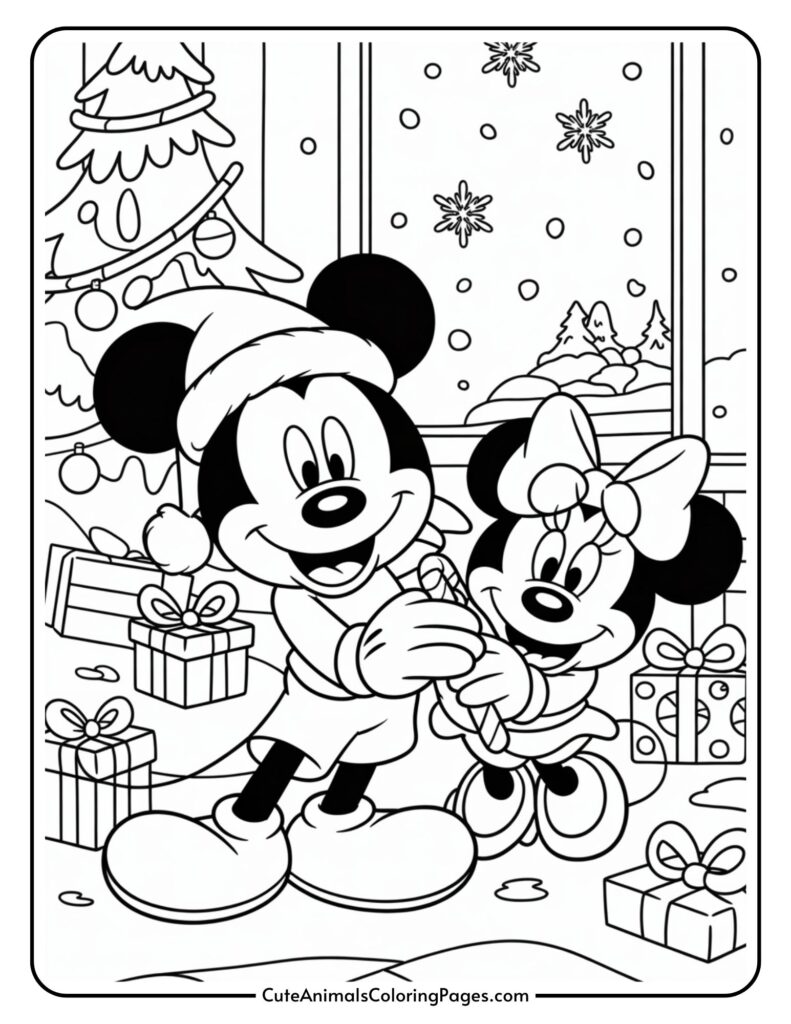 Mickey and Minnie Mouse dressed in holiday clothes standing in front of a Christmas tree surrounded by wrapped presents, with snow falling outside the window.
