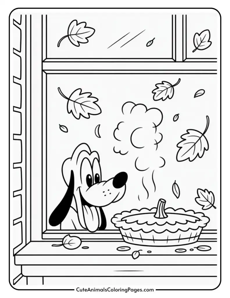 A cartoon dog with floppy ears eagerly looks through a window at a steaming pie on a windowsill, surrounded by falling leaves, suggesting an autumn setting.