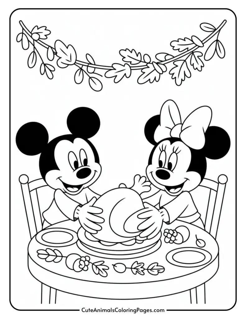 Two cartoon mice sitting at a table, placing a turkey on a platter, with decorations and leaves hanging above them.