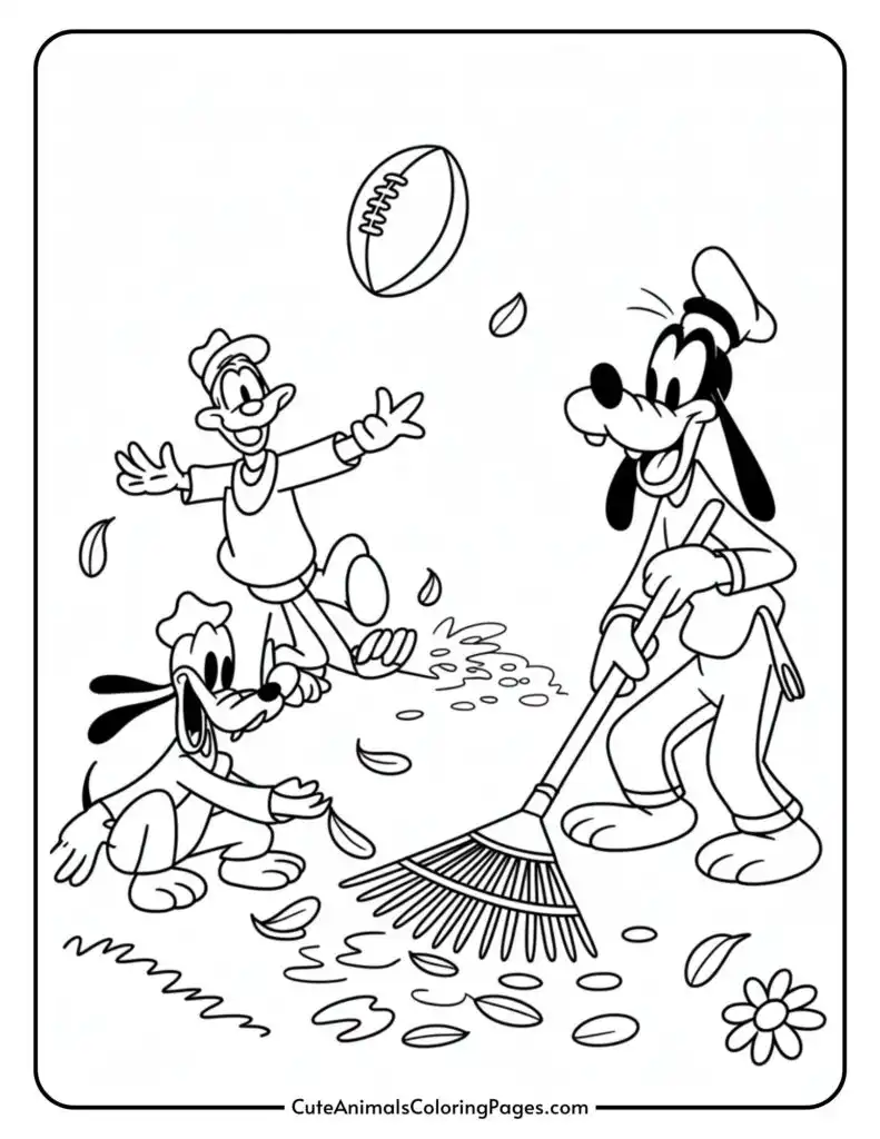 Cartoon characters playing in a yard with scattered leaves; one is raking leaves while another character and a dog are excitedly watching a football being thrown in the air.