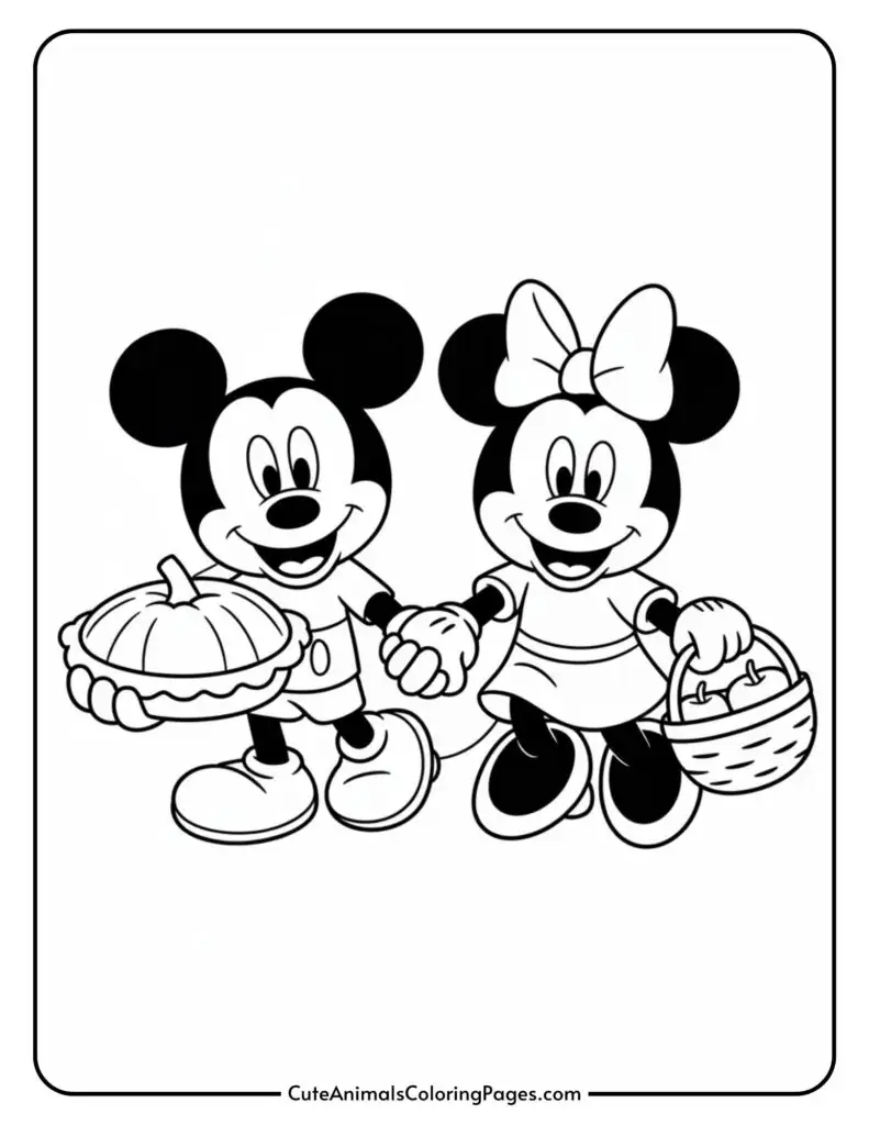 Cartoon characters holding hands, with one holding a pumpkin pie and the other holding a basket filled with apples.