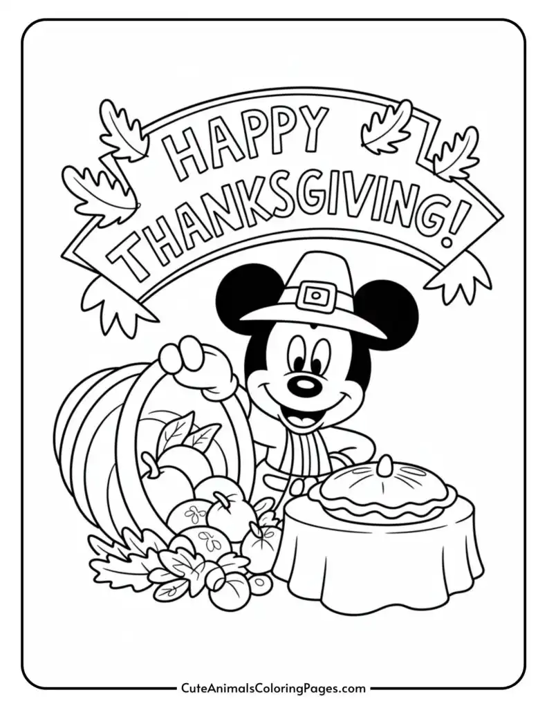 A cartoon mouse character wearing a pilgrim hat stands next to a cornucopia filled with fruits and vegetables, with a pie on a table. Above, the text reads 'Happy Thanksgiving!' surrounded by cartoon leaves.