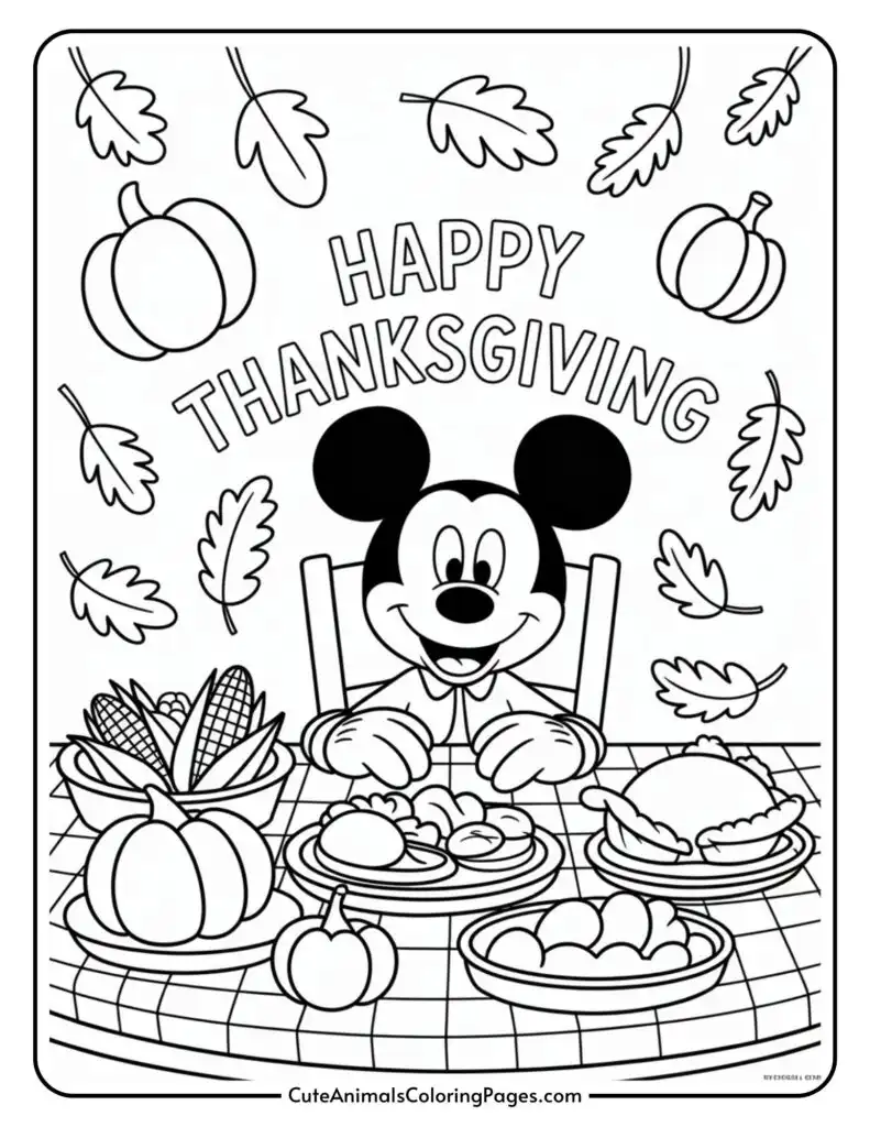 A cartoon mouse character sits at a table set with Thanksgiving food, including pumpkin pie and corn. Above, the text reads "Happy Thanksgiving," surrounded by autumn leaves and pumpkins. The image is designed as a coloring page.