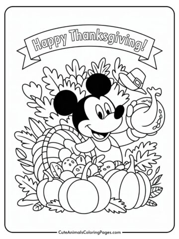 A cartoon mouse character holding a cornucopia surrounded by leaves and pumpkins, with a banner above saying 'Happy Thanksgiving!'