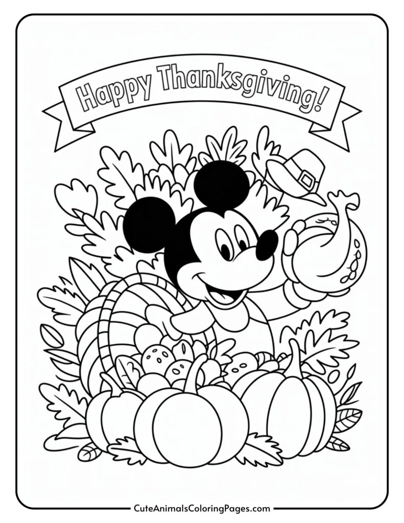 Character of a cartoon cartoon that is surrounded by leaves and pumpkins says Banner 'Thanks Thanksgiving!'