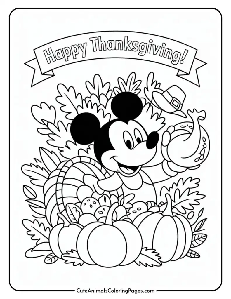 A cartoon mouse character holding a cornucopia surrounded by leaves and pumpkins, with a banner above saying 'Happy Thanksgiving!'