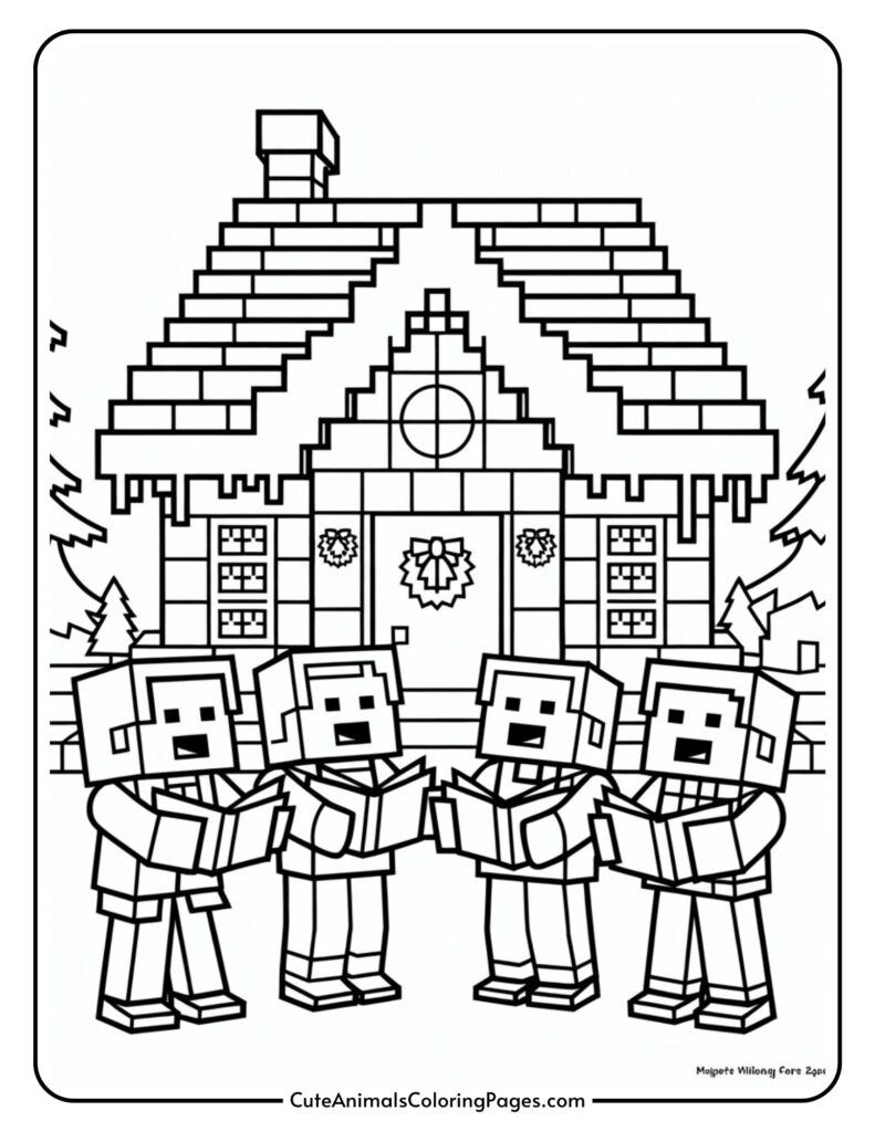 A coloring page featuring four pixelated characters singing in front of a brick house decorated with wreaths. The scene features snowy trees and musical notes surrounding the characters.