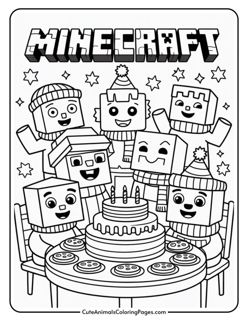 Black and white coloring page featuring minecraft characters celebrating a birthday. They are gathered around a table with a candle-lit cake and some covered cookies. The word 'Minecraft' is displayed above them, and the characters are wearing hats and winter hats. Stars are scattered around the characters to add to the festive atmosphere.