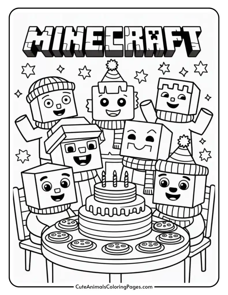 Black and white coloring page featuring Minecraft-style characters celebrating a birthday. They are gathered around a table with a cake topped with candles and several cookies. The word 'Minecraft' is displayed above them, and the characters are wearing winter hats and scarves. Stars are distributed around the characters to enhance the festive atmosphere.