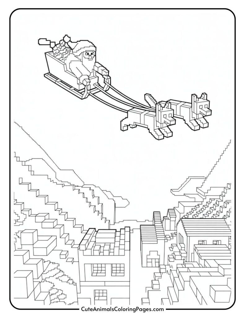 A pixelated illustration of Santa Claus riding a sword pulled by two blocky, pixelated reindeers flying over a village made of square cubes and blocks.