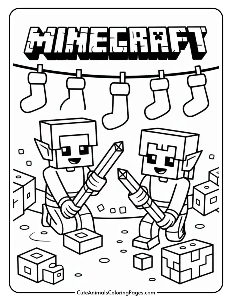 A Minecraft-themed coloring page featuring two elfin characters holding swords, surrounded by blocks and wearing expressive smiles. Above them, the word 'Minecraft' is displayed prominently, and stockings are hanging on a line, adding a festive touch. The page is framed, indicating its origin from CuteAnimalsColoringPages.com.