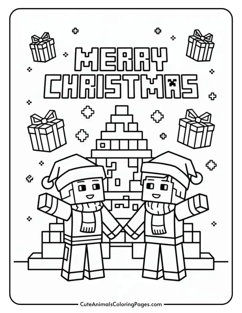 A coloring page featuring two blocky characters in Santa hats holding hands in front of a decorated blocky Christmas tree, with presents and the words 'Merry Christmas' above.