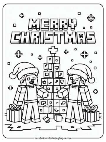 Christmas-themed coloring page featuring two pixelated characters wearing Santa hats standing beside a blocky Christmas tree made of cubes, with two presents at the base, and the words 'Merry Christmas' at the top.
