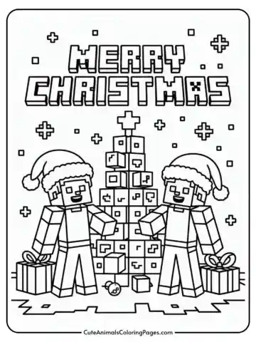 Christmas-themed coloring page featuring two pixelated characters wearing Santa hats standing beside a blocky Christmas tree made of cubes, with two presents at the base, and the words 'Merry Christmas' at the top.