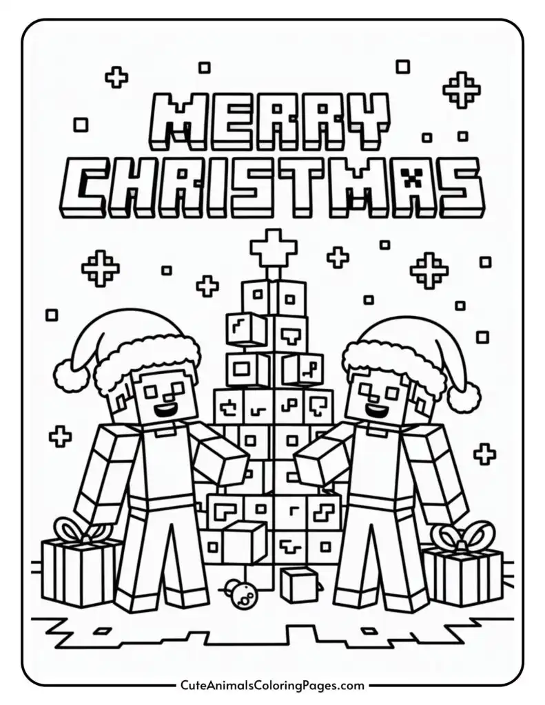 Christmas-themed coloring page featuring two pixelated characters wearing Santa hats standing beside a blocky Christmas tree made of cubes, with two presents at the base, and the words 'Merry Christmas' at the top.