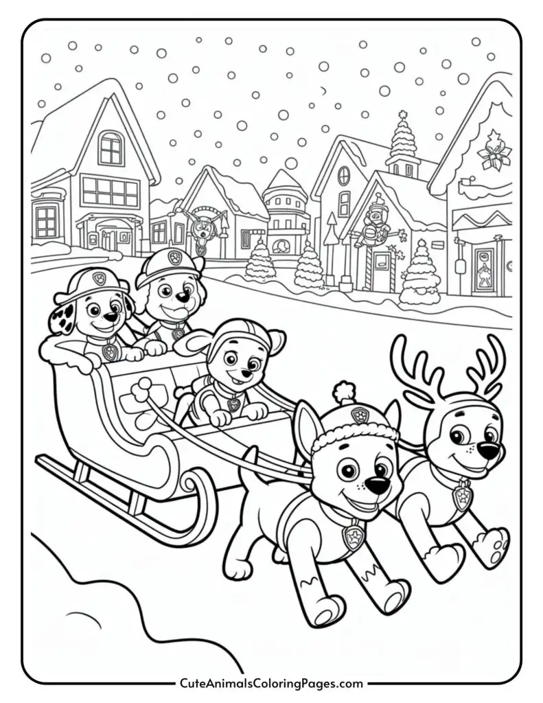 A festive scene featuring cartoon dogs riding a reindeer-drawn umbrella against a backdrop of a snowy village with snow-covered houses and snow-covered trees.