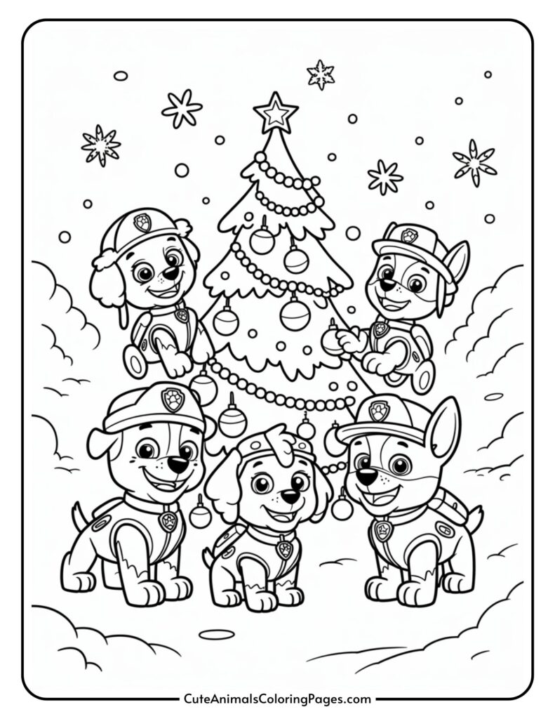 Cartoon dolls wearing safety helmets decorate a Christmas tree with ornaments and garlands, surrounded by snowflakes.
