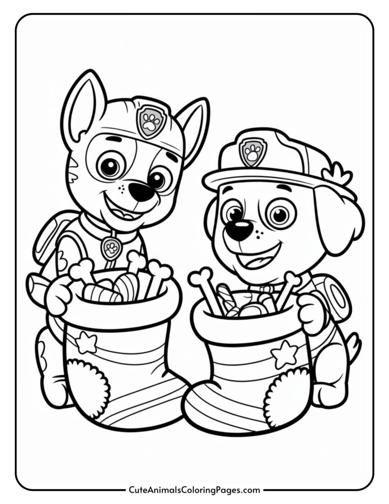 Two animated dolls in uniforms, each with a Christmas stocking filled with bones and toys.