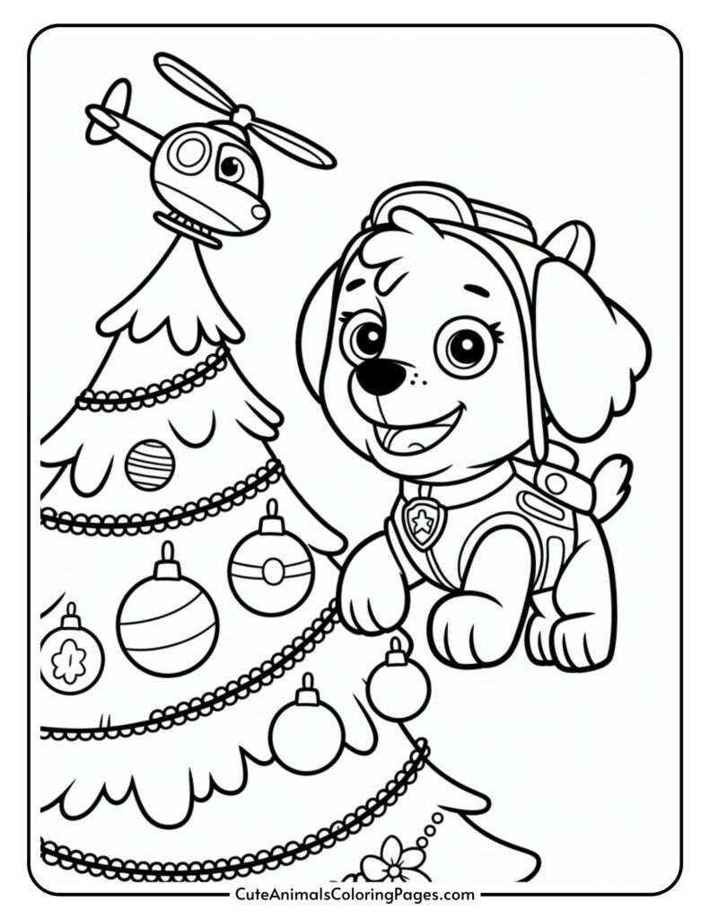 Cartoon dog wearing aviation goggles next to a decorated Christmas tree with a toy helicopter on top.